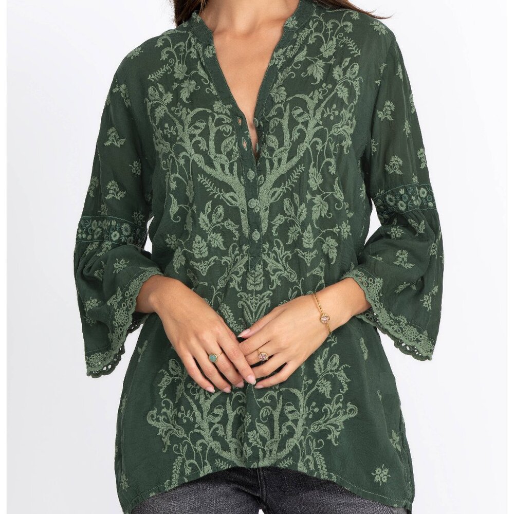 Johnny Was Ciervo Serena Green Deer Head Floral Leafy Embroidered Tunic Top S